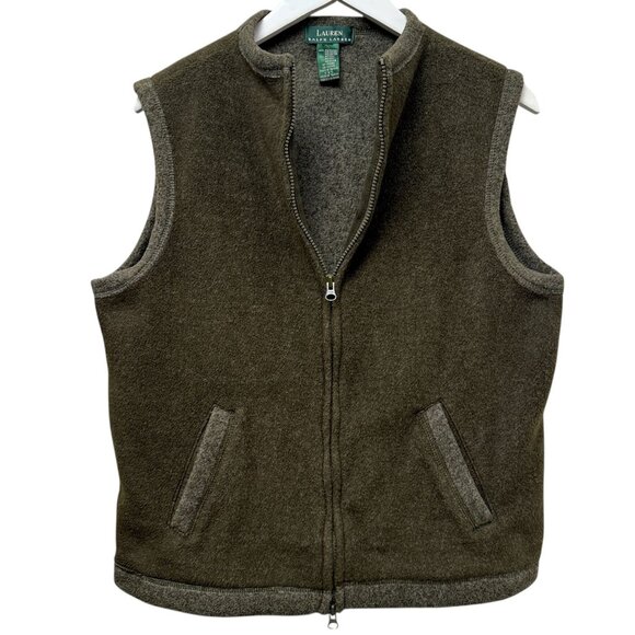 LAUREN Ralph Lauren Womens Fleece Vest Medium Olive Green Equestrian Preppy Zip - Picture 1 of 9